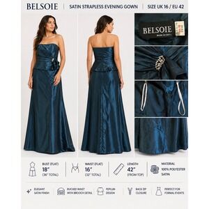Belsoie Strapless Teal Satin Peplum Evening Gown Rhinestone Brooch Dress USA 14